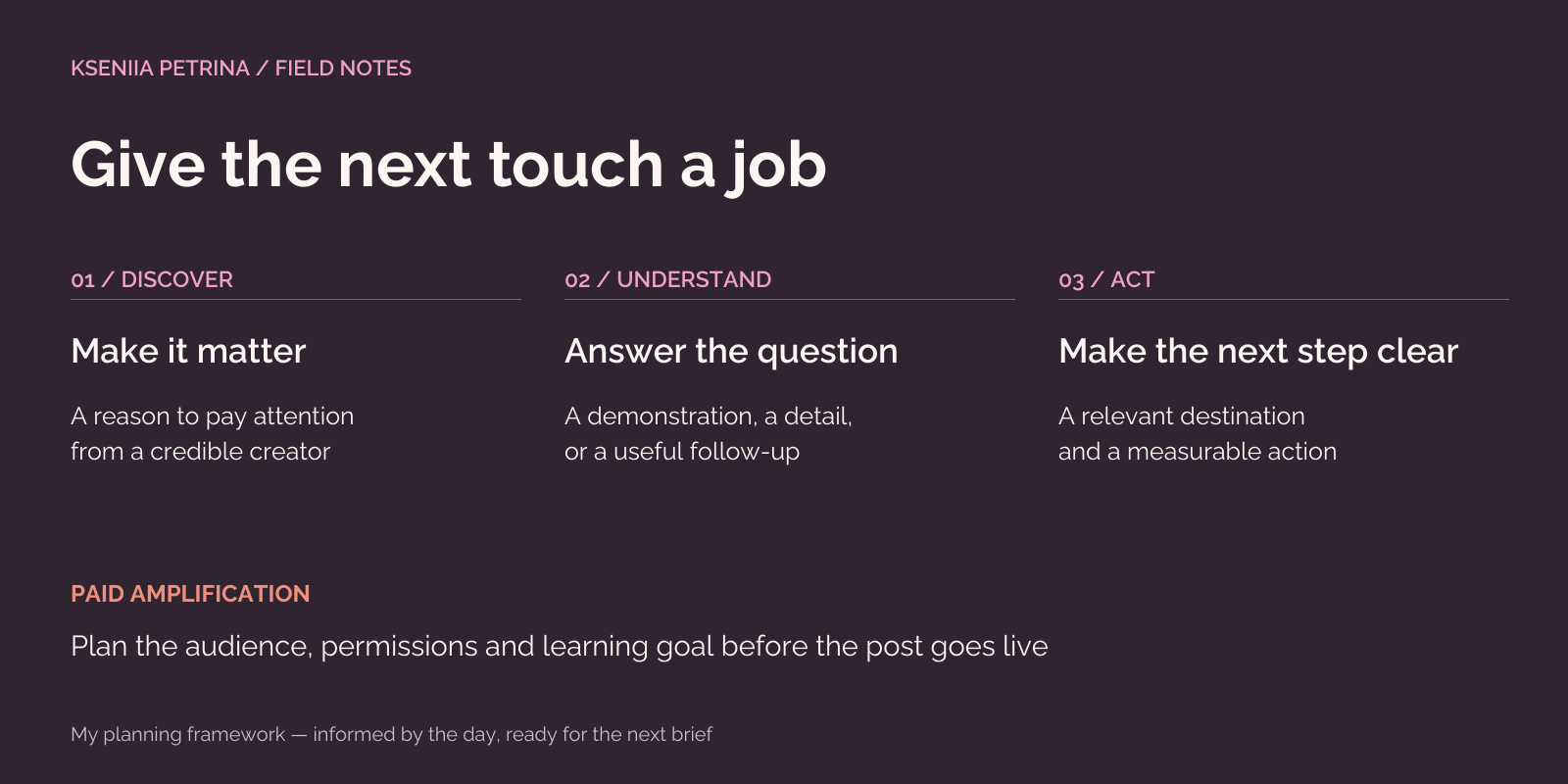 Discover, understand and act: a framework for giving each creator touchpoint a purpose
