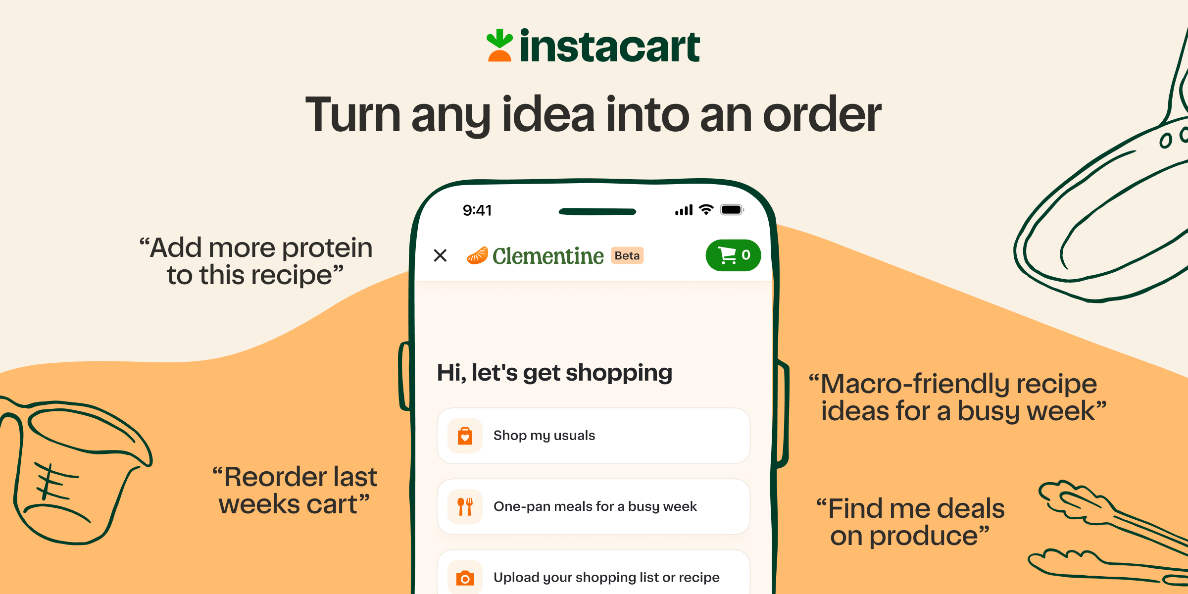 Official Instacart Clementine graphic showing a phone interface and shopping prompts.